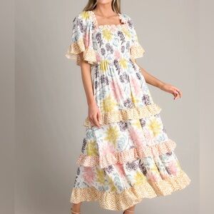 Ivory Floral Print ruffle maxi dress